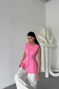 KETEN YELEK BELDEN OTURTMALISIRALI DÜĞME DETAYLI - Pembe resmi